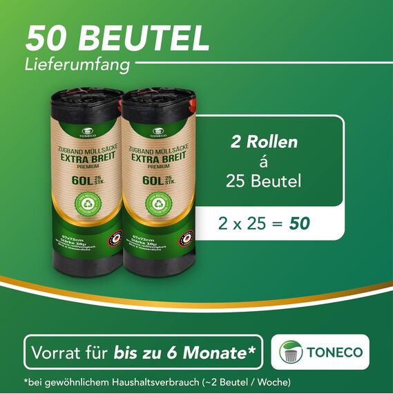 Toneco Müllbeutel 60L - MIT ZUGBAND - EXTRA BREIT & EXTRA STARK - 50 Beutel - reißfest & dicht - stabile Müllsäcke 60L - Fixierband Mülltüten -100% recycelt - für den Hausmüll - 2 Rollen à25 (50)
