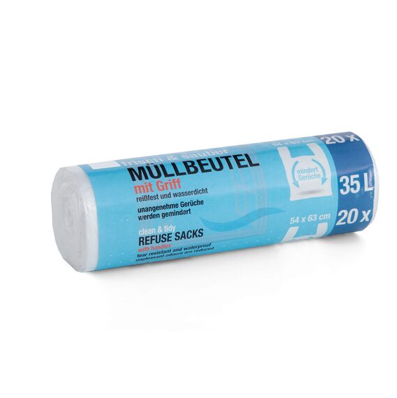 60 Stück Müllbeutel Premiumline: 35 Liter, 3er Pack (3 x 20 Stk.), Größe: 54 x 63 cm - Reißfest und wasserdicht - Mit Trage-Griff/Henkel