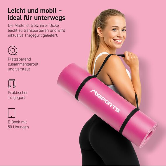 MSPORTS Gymnastikmatte Premium inkl. Tragegurt + Übungsposter + Workout App I Hautfreundliche Fitnessmatte 190 x 100 x 1,5 cm - Pastellpink - Phthalatfreie Yogamatte