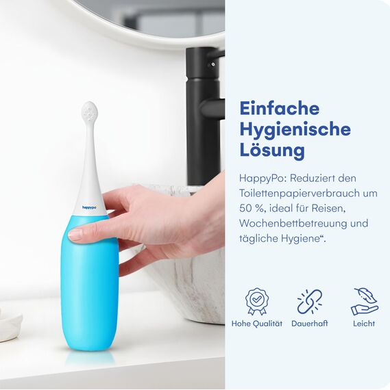 Happy Po Po Dusche 2.0 Tragbares Intimdusche Bidet, Leicht, Kompakt, Ideal für Unterwegs - Ersetzt Feuchttücher und Dusch-WC - 22x6,8x5,5 cm - Hellblau