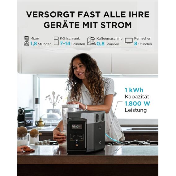 EF ECOFLOW Delta 2 Tragbare Powerstation 1024Wh, Solar Generator LiFePO4-Batterie, erweiterbarer Kapazität bis zu 3kWh, Schnellladung von 0-80% in 50 Mins, Notstromaggregat für Camping, Wohnmobile