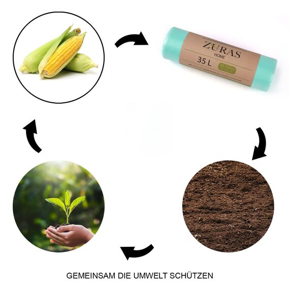 ZURAS 35 Liter Biomüllbeutel 100 Stk. kompostfähige, biologisch abbaubare Müllbeutel auf pflanzlicher Basis, DIN EN 13432 zertifiziert und geprüft, reißfest und wasserdicht