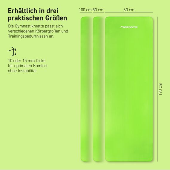 MSPORTS Gymnastikmatte Premium inkl. Tragegurt + Übungsposter + Workout App I Hautfreundliche Fitnessmatte 190 x 60 x 1,5 cm - Lindgrün - Phthalatfreie Yogamatte