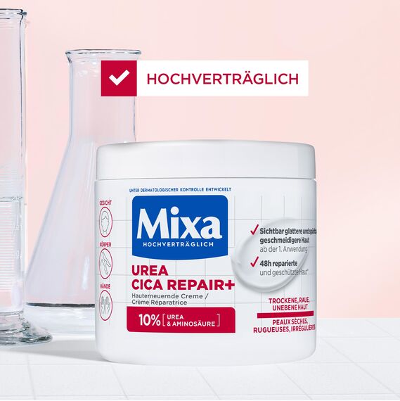 Mixa Urea hauterneuernde Creme mit Urea & Niacinamide, für trockene und raue und unebene Haut, repariert und glättet, Feuchtigkeitspflege für den Körper, Hände und Gesicht, Urea Cica Repair+, 400 ml