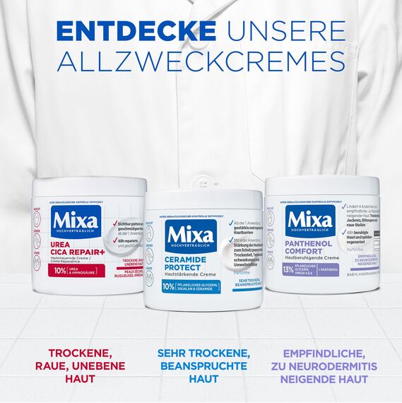 Mixa Urea hauterneuernde Creme mit Urea & Niacinamide, für trockene und raue und unebene Haut, repariert und glättet, Feuchtigkeitspflege für den Körper, Hände und Gesicht, Urea Cica Repair+, 400 ml
