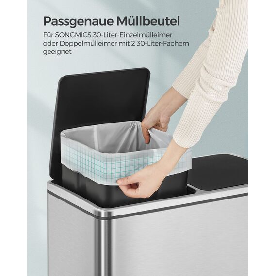 SONGMICS Müllbeutel mit Zugband, hochbelastbar, Müllsäcke für 30 Liter Mülleimer, bereits getrennt, Code 30A, 4 Rollen, insgesamt 180 Stück, weiß KRB430A01