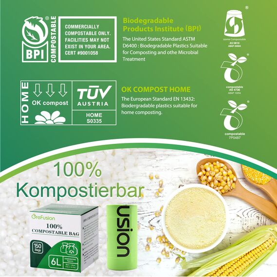 GreFusion Biomüllbeutel 6 Liter x 150 Kompostierbare Bio Müllbeutel abbaubarer Kompostbeutel