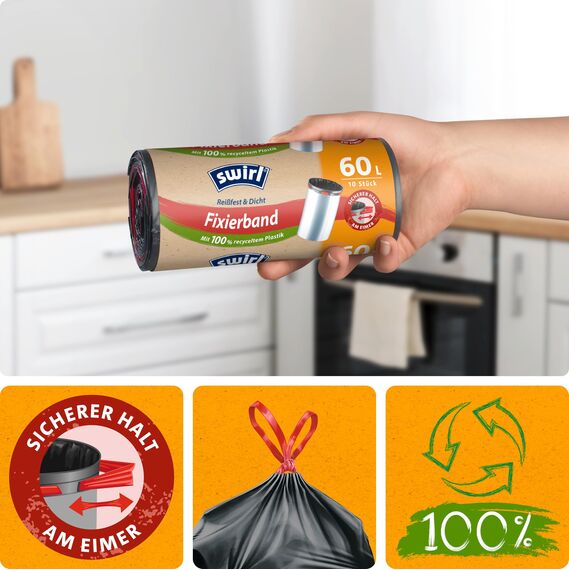 Swirl Reißfest & Dicht Fixierband Müllbeutel 60 l (4 x 10 Beutel), tropfsichere Müllsäcke für den Hausmüll, reißfeste Mülltüten für sicheren Halt am Mülleimer