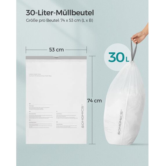 SONGMICS Müllbeutel mit Zugband, hochbelastbar, Müllsäcke für 30 Liter Mülleimer, bereits getrennt, Code 30A, 4 Rollen, insgesamt 180 Stück, weiß KRB430A01