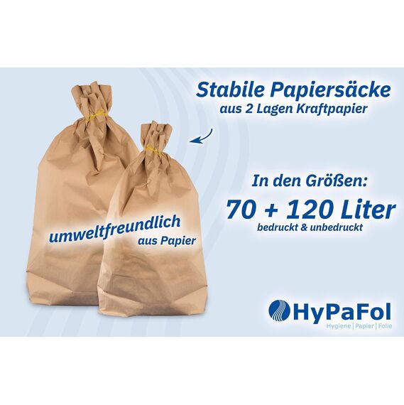 Hypafol Bio Papier Müllbeutel 50 stück | abbaubare braune Biomüllbeutel für kompostierbare & biologische Abfälle und mehr | ohne Plastik | 2-lagig, Tüten mit 70 L Fassungsvermögen | 550x850+200 mm