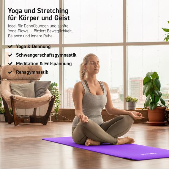 MSPORTS Gymnastikmatte Premium inkl. Tragegurt + Übungsposter + Workout App I Hautfreundliche Fitnessmatte 190 x 80 x 1,5 cm - Violett - Phthalatfreie Yogamatte