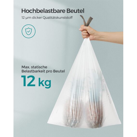 SONGMICS Müllbeutel mit Zugband, hochbelastbar, Müllsäcke für 20 Liter Mülleimer, bereits getrennt, Code 020A01, 3 Rollen, insgesamt 120 Stück, weiß KRB020A03