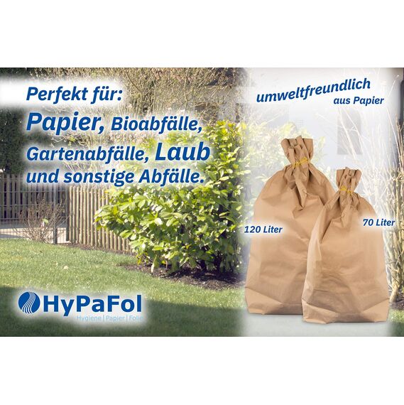 Hypafol Bio Papier Müllbeutel 50 stück | abbaubare braune Biomüllbeutel für kompostierbare & biologische Abfälle und mehr | ohne Plastik | 2-lagig, Tüten mit 70 L Fassungsvermögen | 550x850+200 mm