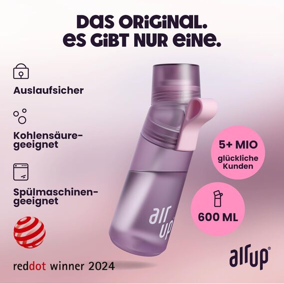 air up® Trinkflasche (600 ml) für Schule, Sport, Gym | inkl. 5 zuckerfreien Duft-Pods & Strohhalm | Wasserflasche in Lila mit Geschmack - auch für Kinder, Jungen, Mädchen | Kohlensäure-geeignet