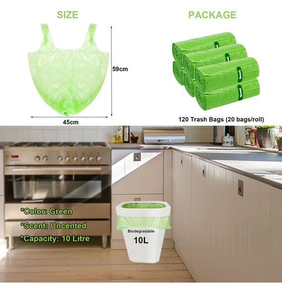 120 Biomüllbeutel 10L, KITBEST Bio Müllbeutel mit Henkel, Biomülltüten kompostierbare Müllsäcke mit Tragegriff, Bio Beutel Küchen Lebensmittel Abfallbeutel für Küche, Büro, Wohnzimmer (45x59cm, Grün)