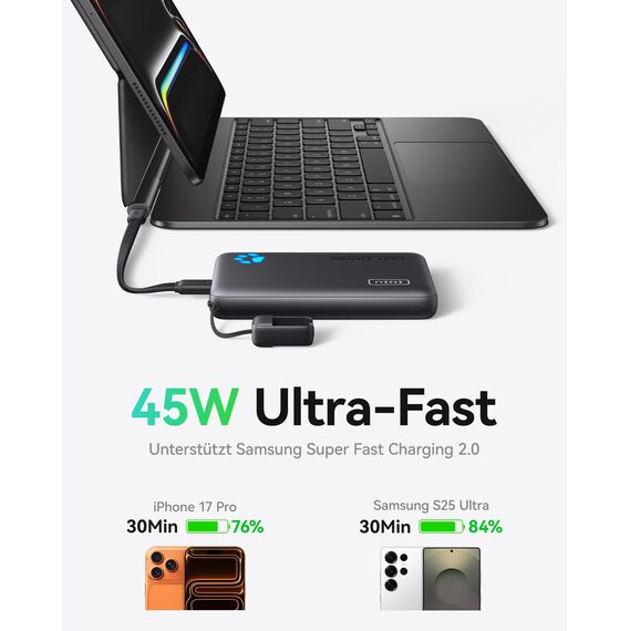INIU Power Bank, 45W 10000mAh Powerbank Leichteste und Klein Aber Stark (USB C In & Out), PD3.0 Externe Handyakkus with Flashlight, Kompatibel mit iPhone 17 16 15 Pro Max Mini Samsung S24 S23, iPad