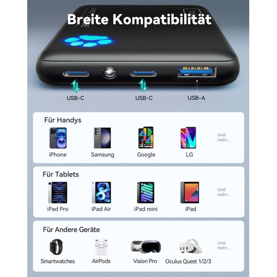 INIU Power Bank, 45W 10000mAh Powerbank Leichteste und Klein Aber Stark (USB C In & Out), PD3.0 Externe Handyakkus with Flashlight, Kompatibel mit iPhone 17 16 15 Pro Max Mini Samsung S24 S23, iPad