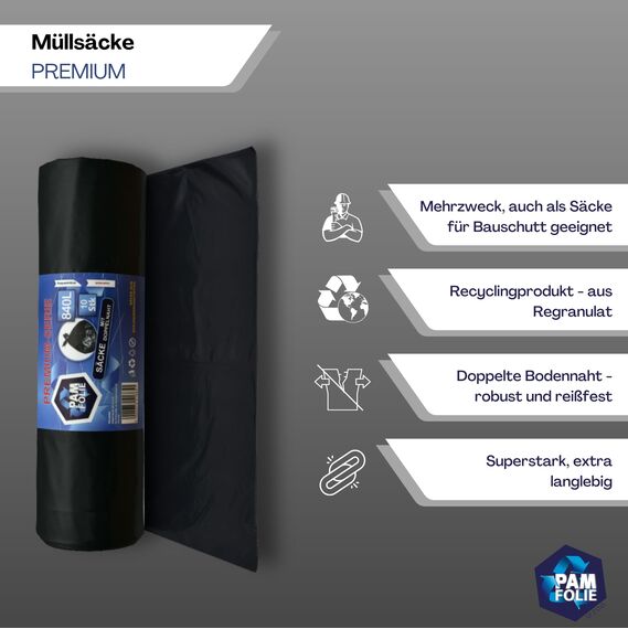 PAM-FOLIE Müllsäcke 840L - 10 Stück - XXL Große Bauschutt-Abfallsäcke, Premium - 130x170cm - 40µm - schwarzer Müllbeutel - Bauschuttsäcke - Säcke für Bauschutt Abfalls, Styropor