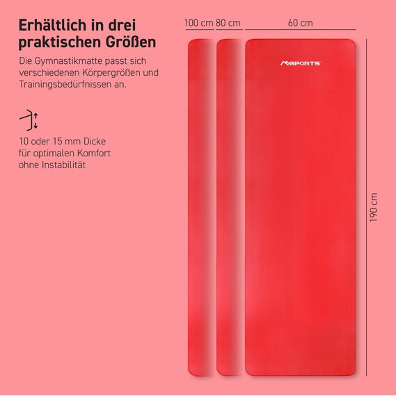 MSPORTS Gymnastikmatte Premium inkl. Tragegurt + Übungsposter + Workout App I Hautfreundliche Fitnessmatte 190 x 60 x 1,0 cm - Rubinrot - Phthalatfreie Yogamatte