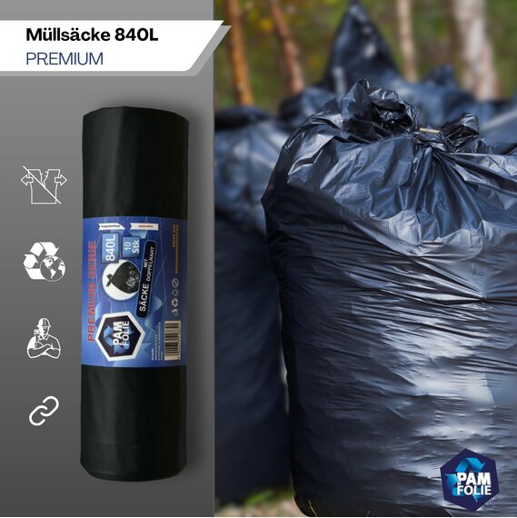 PAM-FOLIE Müllsäcke 840L - 10 Stück - XXL Große Bauschutt-Abfallsäcke, Premium - 130x170cm - 40µm - schwarzer Müllbeutel - Bauschuttsäcke - Säcke für Bauschutt Abfalls, Styropor