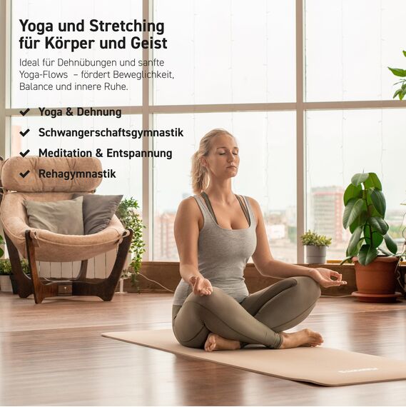 MSPORTS Gymnastikmatte Premium inkl. Tragegurt + Übungsposter + Workout App I Hautfreundliche Fitnessmatte 190 x 60 x 1,0 cm - Beige-Caramel - Phthalatfreie Yogamatte