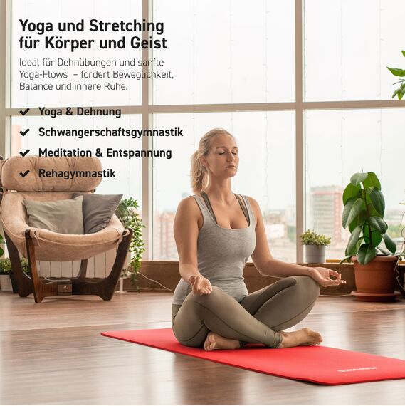 MSPORTS Gymnastikmatte Premium inkl. Tragegurt + Übungsposter + Workout App I Hautfreundliche Fitnessmatte 190 x 60 x 1,0 cm - Rubinrot - Phthalatfreie Yogamatte