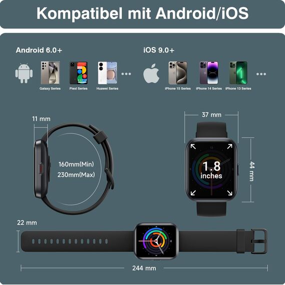 Fitpolo Smartwatch Herren Damen, 1.8" Smart Watch mit Telefonfunktion/Alexa, Fitnessuhr mit Herzfrequenz/Schlafmonitor, IP68 Wasserdicht Smartwatch für iPhone/Android, Uhren Herren Schrittzähler