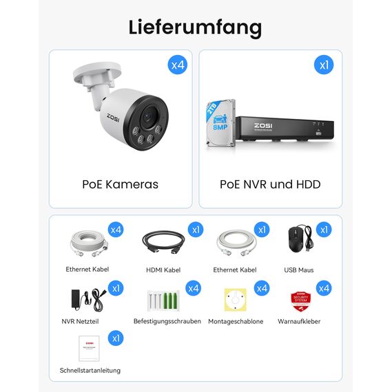 ZOSI 4K PoE Überwachungskamera Set Aussen, 8CH 2TB NVR mit 4X 8MP IP Kameras, Personen- und Fahrzeugerkennung, Audioüberwachung, 30M IR Nachtsicht, 24/7-Aufnahme, C180