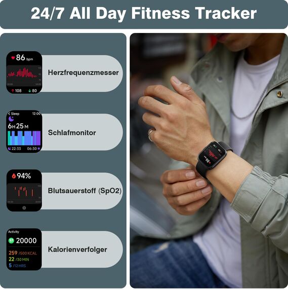 Fitpolo Smartwatch Herren Damen, 1.8" Smart Watch mit Telefonfunktion/Alexa, Fitnessuhr mit Herzfrequenz/Schlafmonitor, IP68 Wasserdicht Smartwatch für iPhone/Android, Uhren Herren Schrittzähler