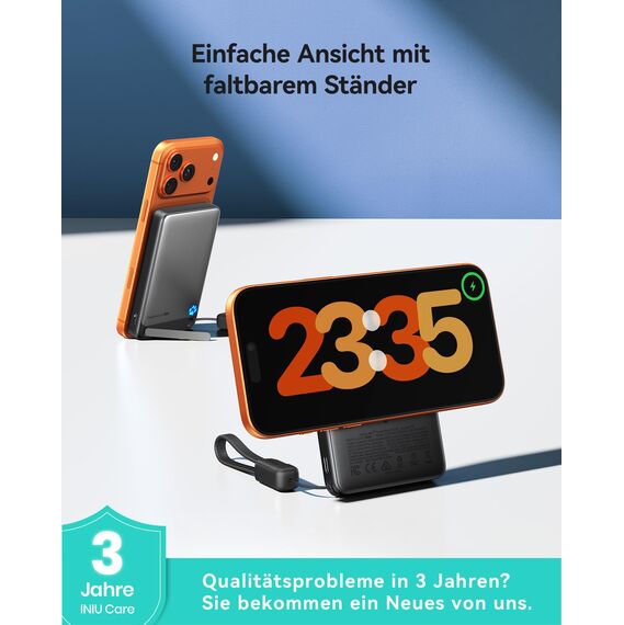 INIU für Magsafe Power Bank, Schlanksten 10000mAh Qi2-zertifiziert 15W Magnetische Powerbank, 45W Ultraschnelles Externe Handyakkus mit USB C Kabel, Powerbank mit Ständer nur für iPhone 17 16 15 14 13