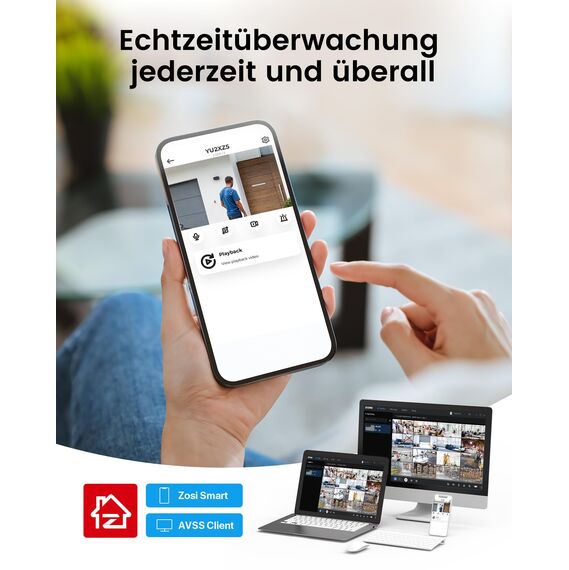 ZOSI 4K PoE Überwachungskamera Set Aussen, 8CH 2TB NVR mit 4X 8MP IP Kameras, Personen- und Fahrzeugerkennung, Audioüberwachung, 30M IR Nachtsicht, 24/7-Aufnahme, C180