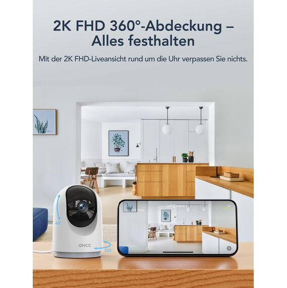 GNCC Überwachungskamera Innen - 2K Kamera Überwachung Innen, 360° WLAN Kamera Indoor mit Nachtsicht, Hundekamera mit App, Zwei-Wege-Audio, Bewegungserkennung, kompatibel mit Alexa, 2 Stück