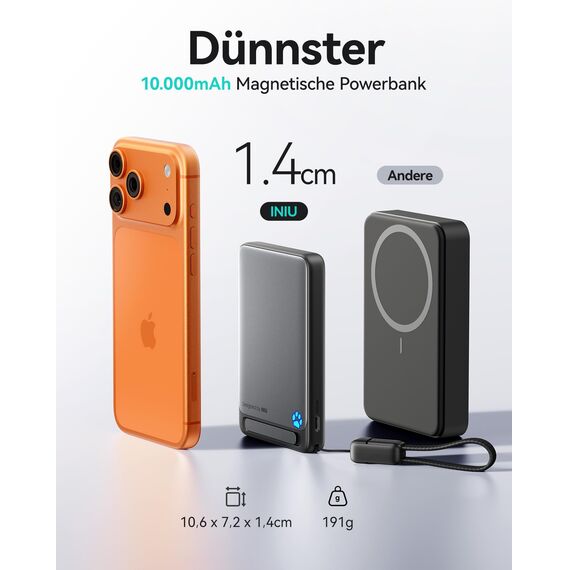 INIU für Magsafe Power Bank, Schlanksten 10000mAh Qi2-zertifiziert 15W Magnetische Powerbank, 45W Ultraschnelles Externe Handyakkus mit USB C Kabel, Powerbank mit Ständer nur für iPhone 17 16 15 14 13