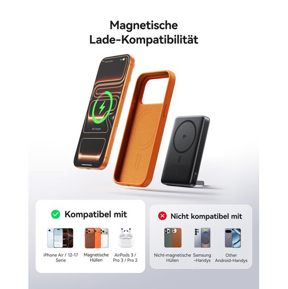 INIU für Magsafe Power Bank, Schlanksten 10000mAh Qi2-zertifiziert 15W Magnetische Powerbank, 45W Ultraschnelles Externe Handyakkus mit USB C Kabel, Powerbank mit Ständer nur für iPhone 17 16 15 14 13