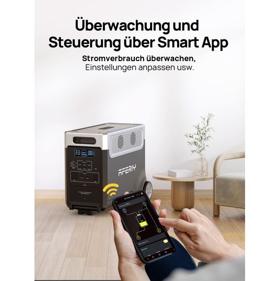 AFERIY 3600W Powerstation, 3840Wh LiFePO4 Tragbare Solargenerator mit 3x230V AC Ausgang 3600W (7200W Peak), Solargenerator Schnelles Stromspeicher Aufladen für Zuhause, Stromausfall, Camping