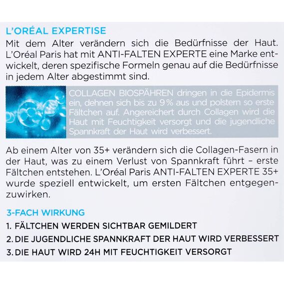 L'Oréal Paris Feuchtigkeitspflege für das Gesicht, Pflegende Anti-Aging Creme mit Kollagen Biosphären, Mildert Fältchen und spendet 24H Feuchtigkeit, Anti-Falten Experte 35+, 1 x 50ml (Packung mit 2)