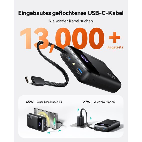 INIU 45W Power Bank, Ultra Klein 20000mAh Powerbank mit Integriertem USB-C Kabel, Schnellladen Externe Handyakkus USB-C In&Out, Klein Aber Stark für iPhone 17 16 15 Pro, Samsung S22, Xiaomi, iPad etc