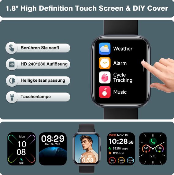 Fitpolo Smartwatch Herren Damen, 1.8" Smart Watch mit Telefonfunktion/Alexa, Fitnessuhr mit Herzfrequenz/Schlafmonitor, IP68 Wasserdicht Smartwatch für iPhone/Android, Uhren Herren Schrittzähler