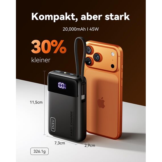 INIU 45W Power Bank, Ultra Klein 20000mAh Powerbank mit Integriertem USB-C Kabel, Schnellladen Externe Handyakkus USB-C In&Out, Klein Aber Stark für iPhone 17 16 15 Pro, Samsung S22, Xiaomi, iPad etc