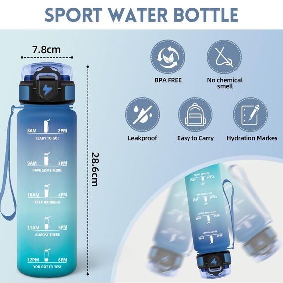 Motswedi Trinkflasche Sport, 1000ml BPA-Frei, Trinkflasche Kohlensäure Geeignet, Auslaufsicher, Wasserflasche, Mit Zeitstempel, Flasche, Sportflasche, für Yoga, Schule, Fahrrad, Fitness, Blaugrün