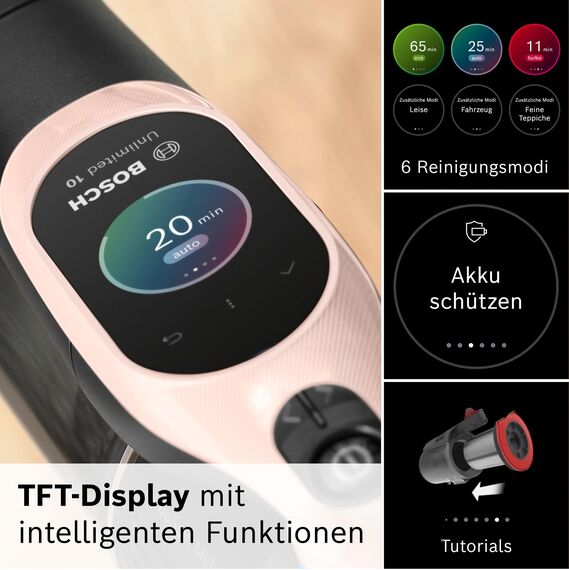 Bosch Akku-Staubsauger Unlimited 10 BKS1041RHF, kabellos, MicroClean Technology, TFT-Display, Staubkomprimierung, HEPA-Filtersystem, Knickrohr, 10 Jahre Motorgarantie, 4.0 Ah Akku, LED-Licht, rosé