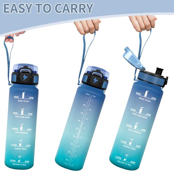 Motswedi Trinkflasche Sport, 1000ml BPA-Frei, Trinkflasche Kohlensäure Geeignet, Auslaufsicher, Wasserflasche, Mit Zeitstempel, Flasche, Sportflasche, für Yoga, Schule, Fahrrad, Fitness, Blaugrün