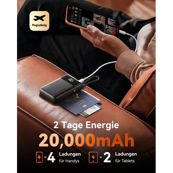INIU 45W Power Bank, Ultra Klein 20000mAh Powerbank mit Integriertem USB-C Kabel, Schnellladen Externe Handyakkus USB-C In&Out, Klein Aber Stark für iPhone 17 16 15 Pro, Samsung S22, Xiaomi, iPad etc