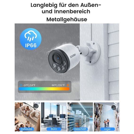 ZOSI 4K PoE Überwachungskamera Set Aussen, 8CH 2TB NVR mit 4X 8MP IP Kameras, Personen- und Fahrzeugerkennung, Audioüberwachung, 30M IR Nachtsicht, 24/7-Aufnahme, C180