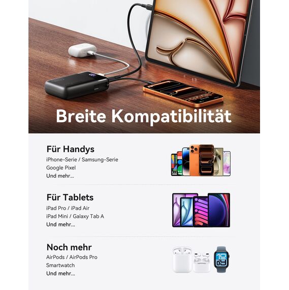 INIU 45W Power Bank, Ultra Klein 20000mAh Powerbank mit Integriertem USB-C Kabel, Schnellladen Externe Handyakkus USB-C In&Out, Klein Aber Stark für iPhone 17 16 15 Pro, Samsung S22, Xiaomi, iPad etc