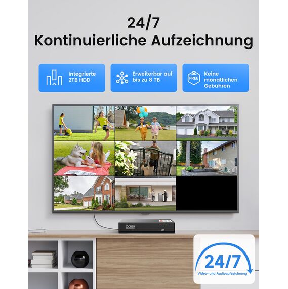 ZOSI 4K PoE Überwachungskamera Set Aussen, 8CH 2TB NVR mit 4X 8MP IP Kameras, Personen- und Fahrzeugerkennung, Audioüberwachung, 30M IR Nachtsicht, 24/7-Aufnahme, C180