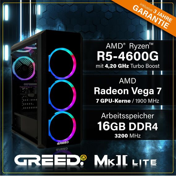 Greed® MK2 Lite - Entry Gaming PC mit AMD Ryzen 5 4600G + Radeon Vega 7 - Ultra Schneller RGB Computer + 4K Raytracing Rechner mit 4,2 GHZ - 16 GB DDR4 RAM - 512 GB SSD - WLAN + W11 Pro