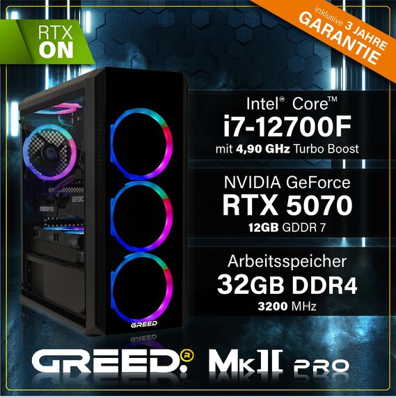 Greed® MK2 Pro - High End Gaming PC - Intel Core i7 12700F + Nvidia Geforce RTX 5070 12GB - Schneller RGB Computer + 4K Rechner mit 4,9 GHZ - 32 GB DDR4 RAM - Wasserkühlung - 1TB SSD - WLAN + W11 Pro