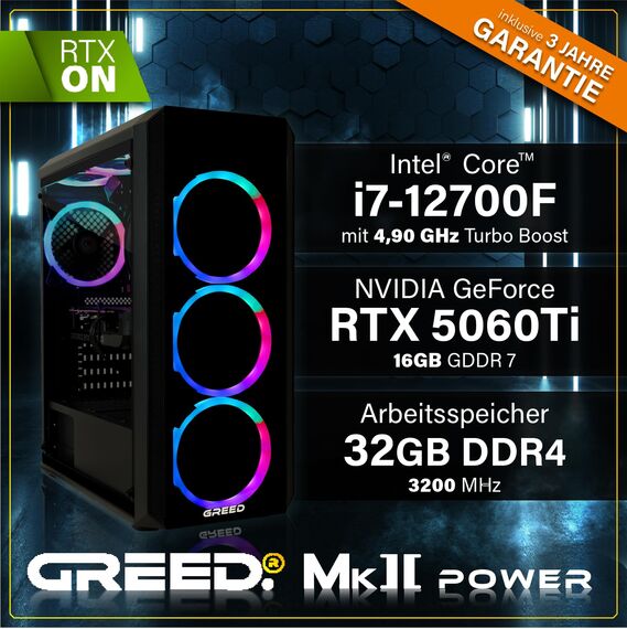 Greed® MK2 Power - High End Gaming PC - Intel Core i7-12700F + Nvidia Geforce RTX 5060Ti - Schneller RGB Computer + 4K Raytracing Rechner mit 4,9 GHZ - 32GB DDR4 RAM - 1TB SSD - WLAN + W11 Pro