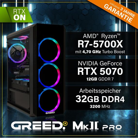 Greed® MK2 Pro - High End Gaming PC - AMD Ryzen 7 5700X + Nvidia Geforce RTX 5070 12 GB - Schneller RGB Computer + 4K Rechner mit 4,6 GHZ - 32 GB DDR4 RAM - Wasserkühlung - 1TB SSD - WLAN + W11 Pro